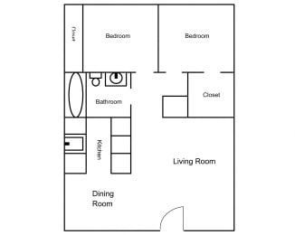 2 Bed, 1 Bath, 1005 square feet floor plan