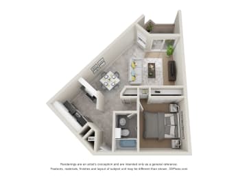 this is a 3d floor plan of a 818 square foot 1 bedroom apartment at the