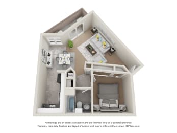 this is a 3d floor plan of a 818 square foot 1 bedroom apartment at the