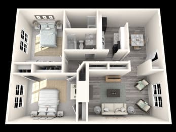 2 Bed, 2 Bath, 1078 sq. ft. Oak floor plan