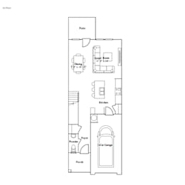 A floor plan of a home with a patio, dining area, kitchen, powder room, and car garage.