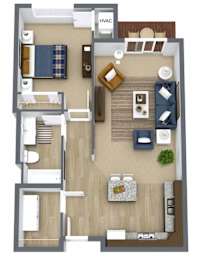 A floor plan of a one bedroom apartment with a kitchen, living room, and bathroom.