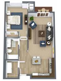 A floor plan of a small apartment with a kitchen, living room, and bedroom.