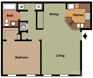 A floor plan of an apartment showing a bedroom, bathroom, living room, dining area, and kitchen.