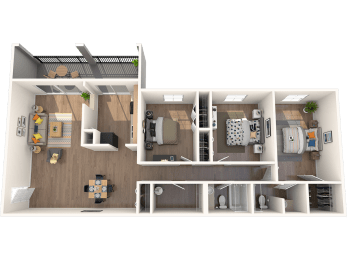 Pet-Friendly Apartments in Tampa, FL – Belara Lakes – 3D floorplan of our 3 bed, 2 bath, 1450 sq. ft. Osprey Floorplan