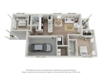 Foley, AL Homes for Rent – Outpost Orchard Residential – 3D floorplan of our 2 bedroom 2 bathroom Cypress floorplan.