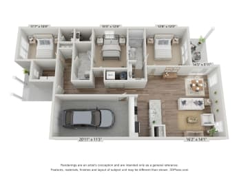 Pet-Friendly Rentals in Foley, Alabama – Outpost Orchard Residential – 3D Floorplan of our 3 Bedroom 2 Bathroom Willow Floorplan.