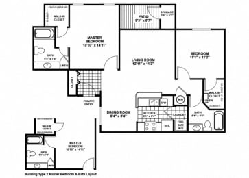 Willow 2 Bed 2 Bath 1027 to 1130 SQ.FT. floor plan