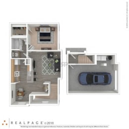a floor plan of a 1 bedroom apartment with a car in the garage