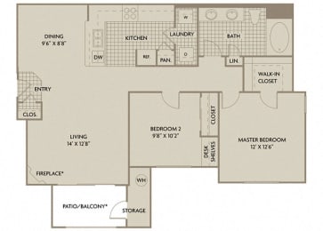 2 bed 1 Bath 970 square feet Florence floor plan
