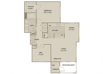 1 bed 1 Bath 975 square feet Palermo + Den floor plan