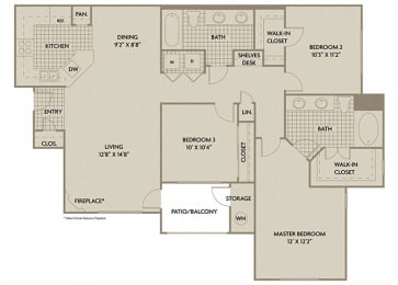 3 bed 2 Bath 1322 square feet Roma floor plan
