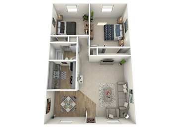 Kiawah 2 bedroom 1 bathroom apartment floor plan at The Jaunt Apartments in Charleston South Carolina, featuring a pet friendly community