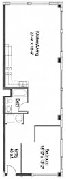 A floor plan of a kitchen and bathroom.