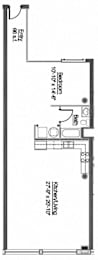 A floor plan of a small apartment with a kitchen, bathroom, and bedroom.