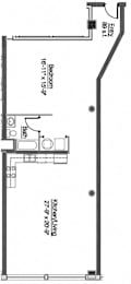 A floor plan of a small apartment with a bedroom, bathroom, and kitchen.