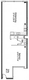 A floor plan of a house with a kitchen, bathroom, and bedroom.