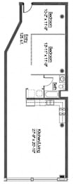 A floor plan of a house with a kitchen, two bathrooms, and two bedrooms.