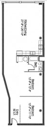 A floor plan of a house with two bedrooms and a kitchen.
