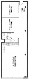 A floor plan of a small apartment with two bedrooms and a kitchen.