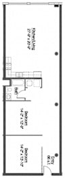 A floor plan of a house with a kitchen, bathroom, and three bedrooms.