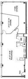 A floor plan of a house with two bedrooms, a kitchen, and an entryway.