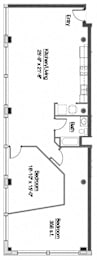 A floor plan of a house with a kitchen, two bathrooms, and three bedrooms.