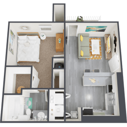 a 3d rendering of a floor plan with a bedroom and a living room