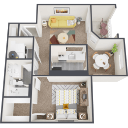 a 3d floor plan of a small house with a living room and a kitchen