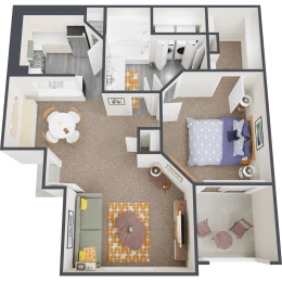 an overhead view of a bedroom floor with a teddy bear