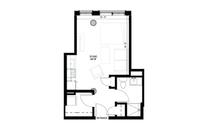 a floor plan of a small house with a bedroom and a living room