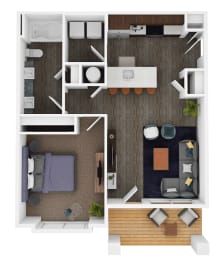 a stylized floor plan of a hotel room with a bedroom and living room