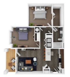 a 3d drawing of a bedroom with furniture and a living room