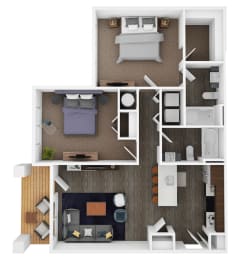a 3d floor plan of a bedroom with furniture and a bathroom