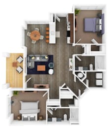 a stylized floor plan of a bedroom with furniture and a living room