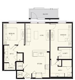 A black and white floor plan of an apartment with a balcony.