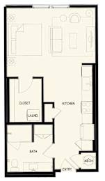 A floor plan of a small apartment with a laundry room.