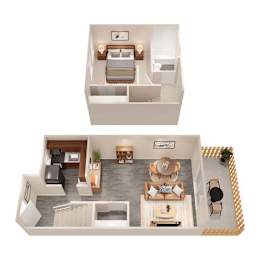 A top and bottom floor plan of a house with a kitchen, living room, dining room, and bedrooms.