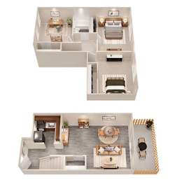 A floor plan of a two-story house with a living room, dining room, kitchen, and bedrooms.