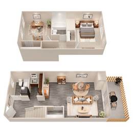 A top-down view of a two-story house interior with a living room, kitchen, and bedrooms.