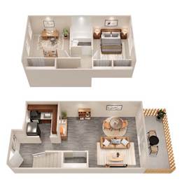 A top-down and bottom-up view of a modern living room with a kitchen area.