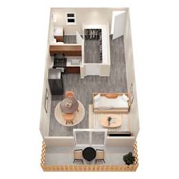 A top down view of a small apartment with a kitchen, living room, and bedroom.