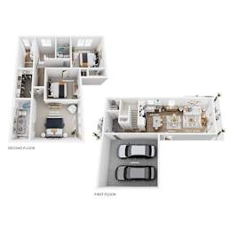 A floor plan of a house with two bedrooms, a garage, and a porch.