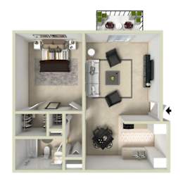 Trailgrove Apartments one-bedroom floor plan in Denver, CO 80231 showcasing a private bedroom, full bath, living room, dining nook, and practical kitchen design