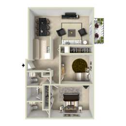 Trailgrove Apartments two-bedroom, two-bathroom floor plan offering separate bedrooms, two full baths, a central living area, and kitchen design in Denver’s 80231 neighborhood
