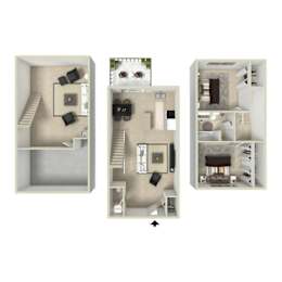 Trailgrove Apartments two-bedroom, two-bath townhome floor plan with multi-level layout, private bedrooms, full bathrooms, and open living space in Southeast Denver