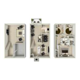 Trailgrove Apartments three-bedroom, two-bath townhome floor plan featuring multi-story layout, large living area, three bedrooms, full kitchen, and two bathrooms in Denver, CO 80231