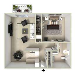 one-bedroom, one-bathroom floor plan at Willowstone Apartments near 7300 East Harvard Ave Denver CO offering 605 square feet with a spacious bedroom, living area, and full kitchen