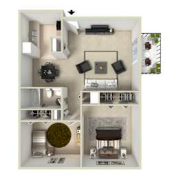 two-bedroom, one-bathroom floor plan at Willowstone Apartments in Denver CO featuring 774 square feet with two private bedrooms, open living area, and full kitchen