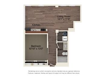 A drawing of a floor plan for a home with a living room, kitchen, and bedroom.